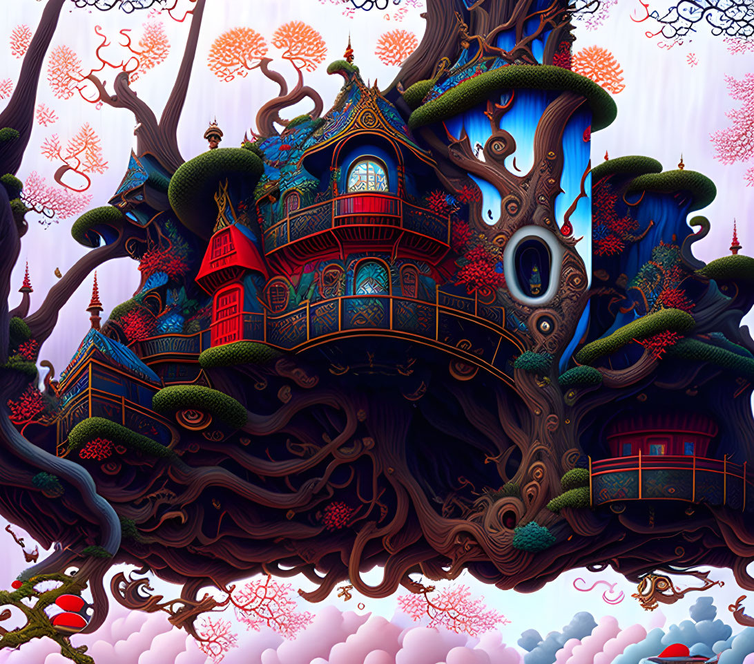 Fantastical treehouse illustration with intricate design elements