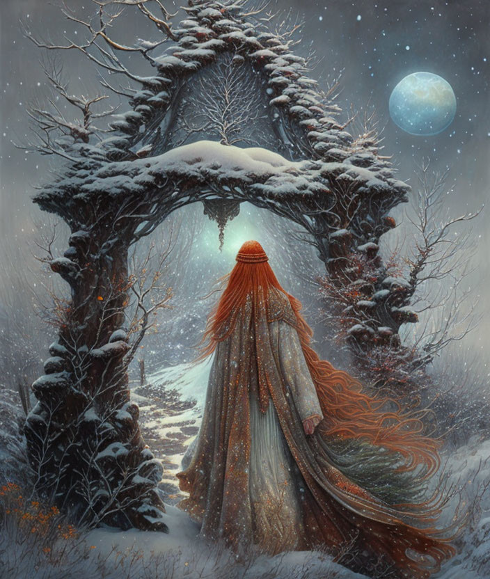 Orange-Haired Figure in Glittering Gown under Snowy Archway