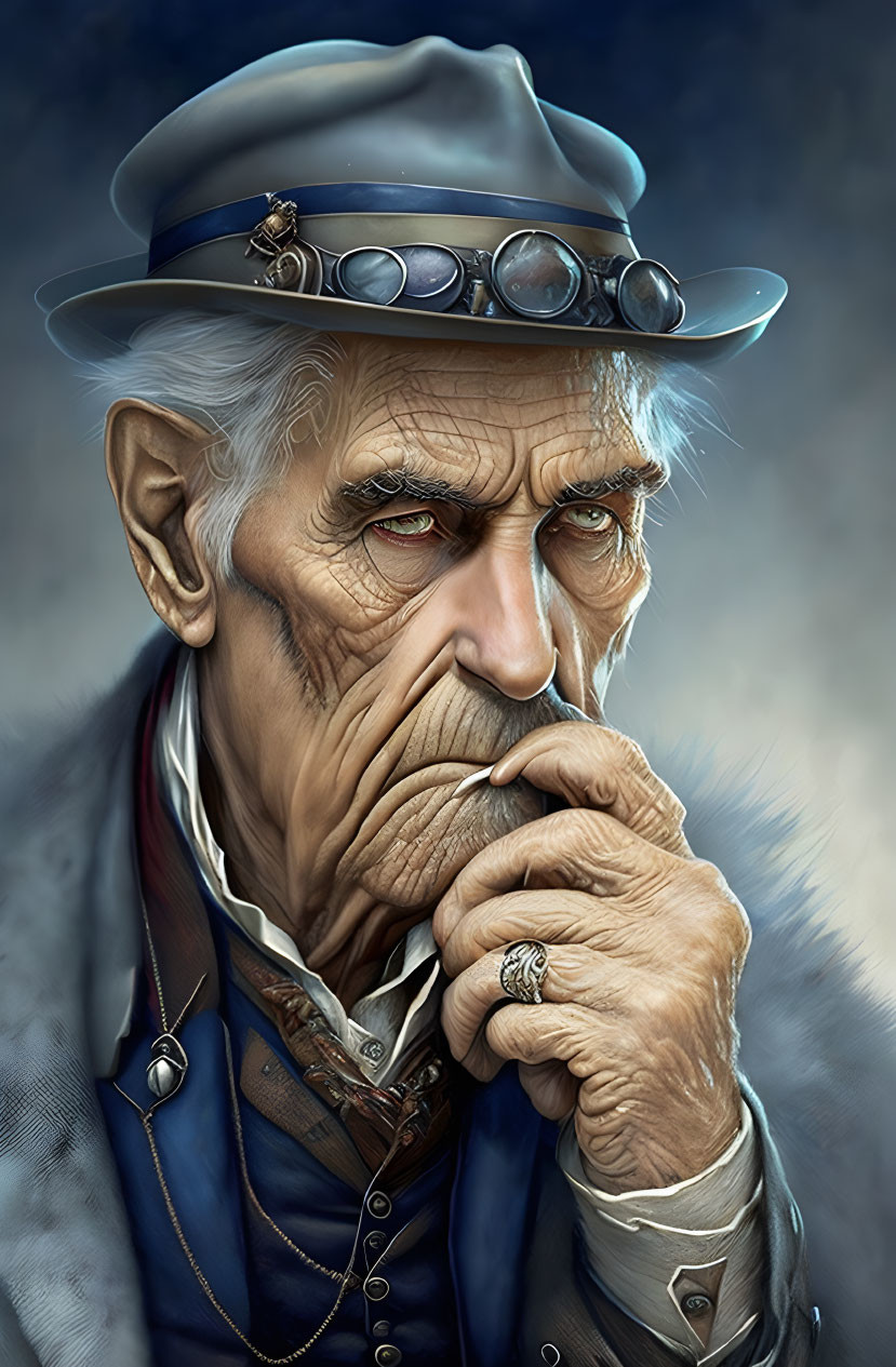 Elderly man in steampunk attire with goggles, contemplating deeply