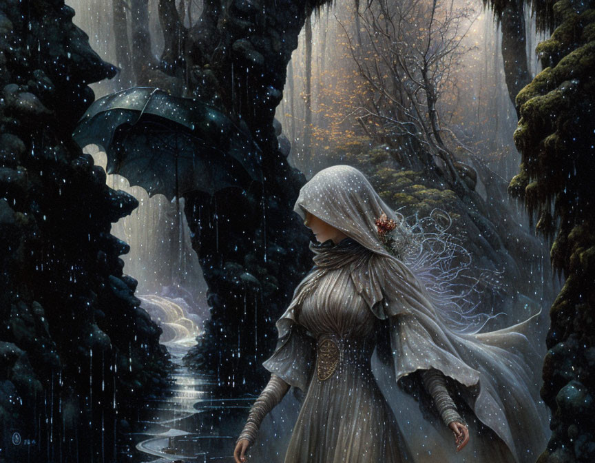 Cloaked figure with hood and mask in rainy forest with umbrella.