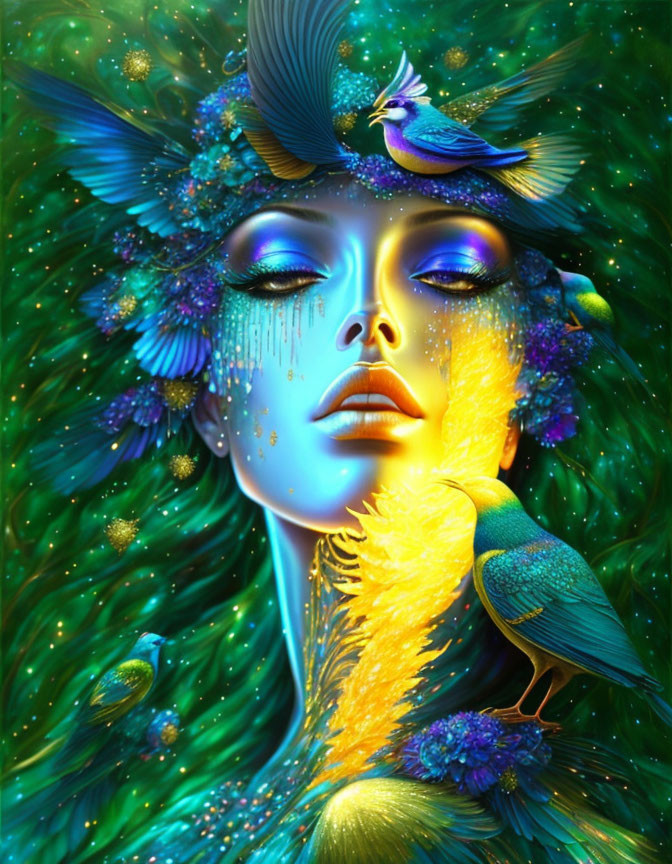 Colorful digital artwork: Woman with peacock feathers and birds in hair.