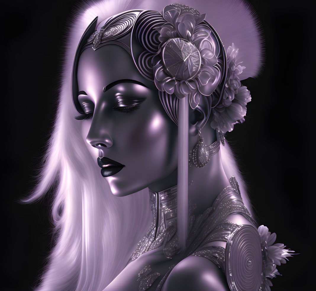 Monochromatic digital art of woman with ornate floral headdress