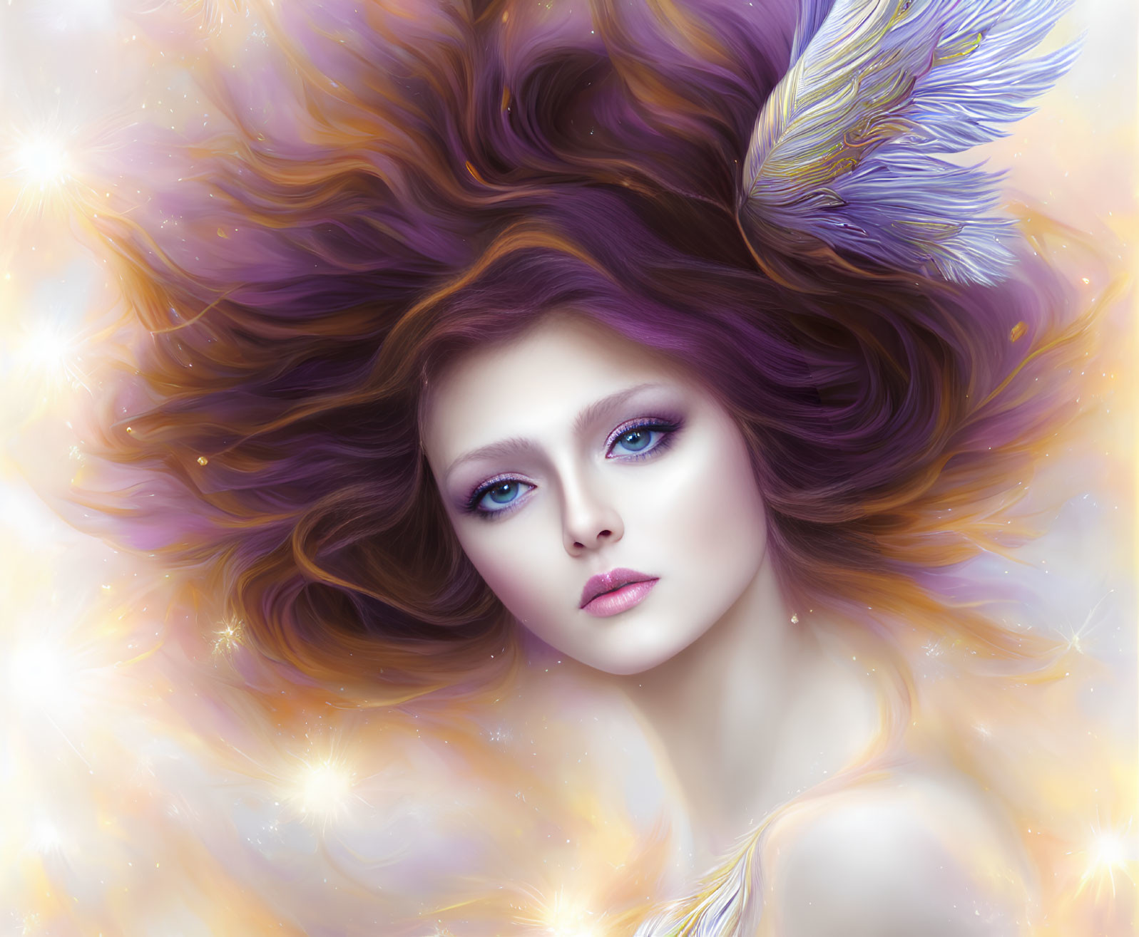 Fantasy illustration: Woman with purple hair and feather in starry glow