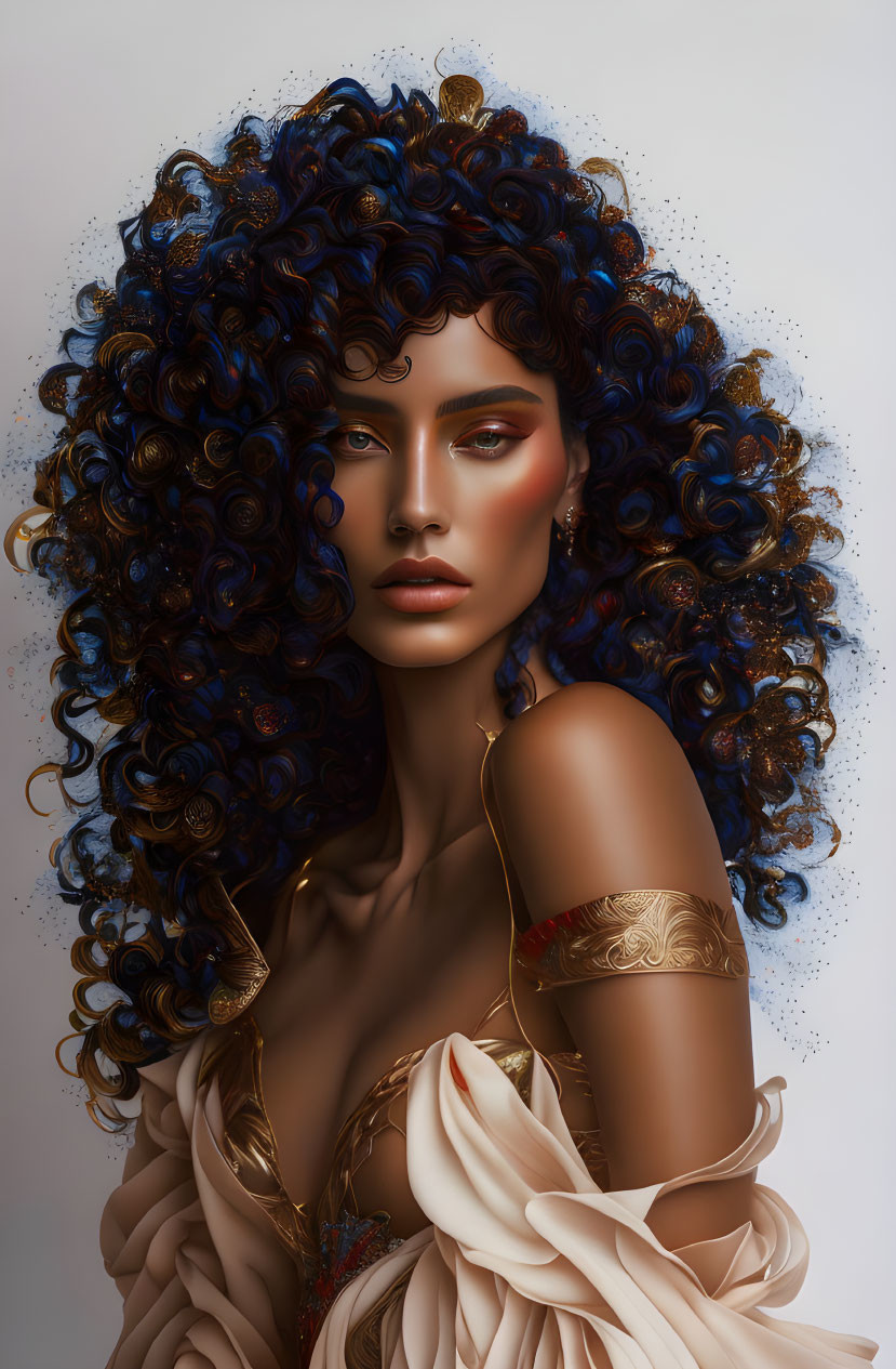 Voluminous blue and black curls with striking makeup and gold-accented cream drapery.