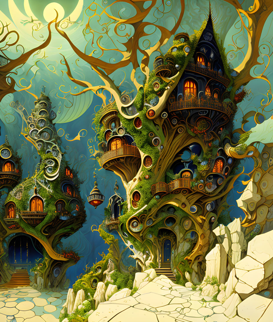 Intricate designs of fantastical treehouses in a whimsical forest