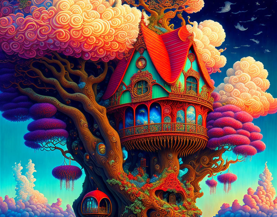 Vibrant Treehouse Illustration in Fantastical Setting