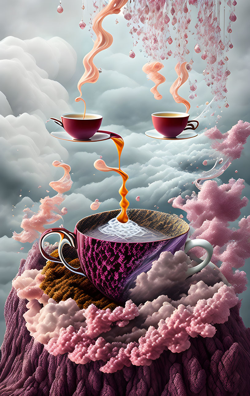 Surreal floating cups with pouring liquid in pink cloud setting