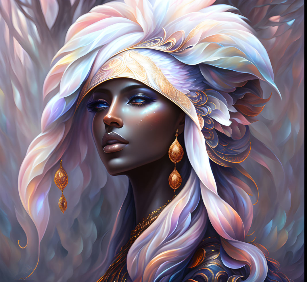 Blue-skinned woman with feathered headdress and gold jewelry on violet background