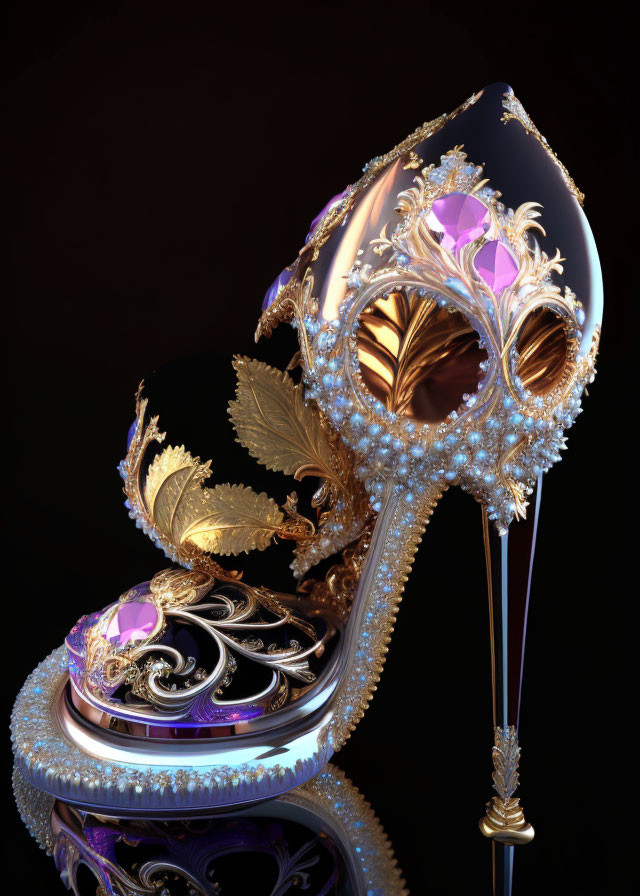 Luxurious High-Heeled Shoe with Golden Embellishments and Purple Gemstones