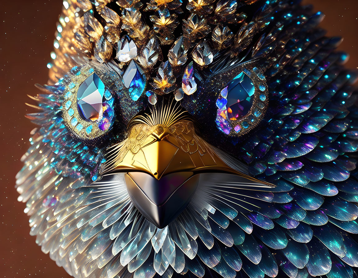 Ornate digitally-created bird with blue feathers and golden face mask on warm backdrop