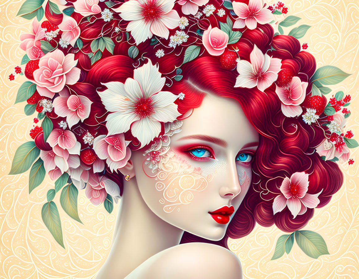 Vibrant red-haired woman with floral adornment on beige background