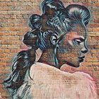 Digital illustration: Woman with tribal patterns, earrings, brick wall background