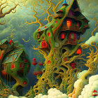 Intricate designs of fantastical treehouses in a whimsical forest