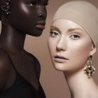 Contrasting skin tone women with prominent earrings face each other