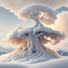 Colorful Giant Mushroom Tree Illustration in Surreal Landscape