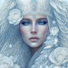 Fantasy illustration: Woman with blue hair, golden headpiece, feathers, white birds, starry