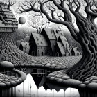 Monochromatic fantasy artwork of moonlit village by serene lake