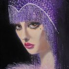 Illustration of woman with vintage hair, purple hat, rose, bold makeup.
