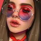 Digital portrait of a woman with red-tinted round glasses and vibrant red lips on a brown and