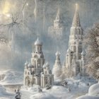 Fantasy castle in snowy winter forest landscape