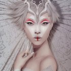 Ethereal woman with elaborate white headdress adorned with gems and flowers
