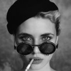 Monochrome portrait of woman with heart-shaped sunglasses and dramatic makeup