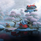 Ethereal white trees, grand palaces, floating islands, serene lake in fantastical landscape