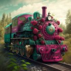 Whimsical vintage green train with pink flowers in dreamy forest