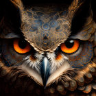 Detailed digital artwork: Owl with vibrant orange eyes and intricate patterns.