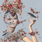 Surreal portrait of a woman with intricate floral headdress