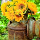 Colorful Painting of Yellow Flowers in Melting Vase on Green Background