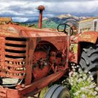 Orange floral hot rod in field with gothic buildings and cloudy sky