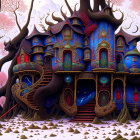 Colorful Illustration of Fantastical Treehouse in Mystical Landscape