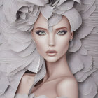 Ethereal woman portrait with white and blue feather headdress