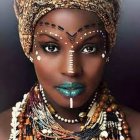 Vibrant portrait of woman with colorful headwrap and bold makeup