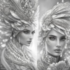 Surreal futuristic female figures with gold and blue headpieces and peacock feathers