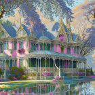 Colorful Surreal Landscape with Victorian-Style Mansion & Fantastical Trees