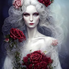 Portrait of a woman with pale skin, blue eyes, white and blue hair, and red flowers