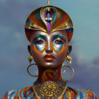 Female Figure with Golden Headdress and Blue Background