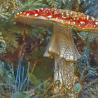 Two women in ornate dresses sharing an umbrella in mystical forest with falling leaves.