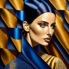 Iridescent Blue Hair Woman Portrait on Gold Background