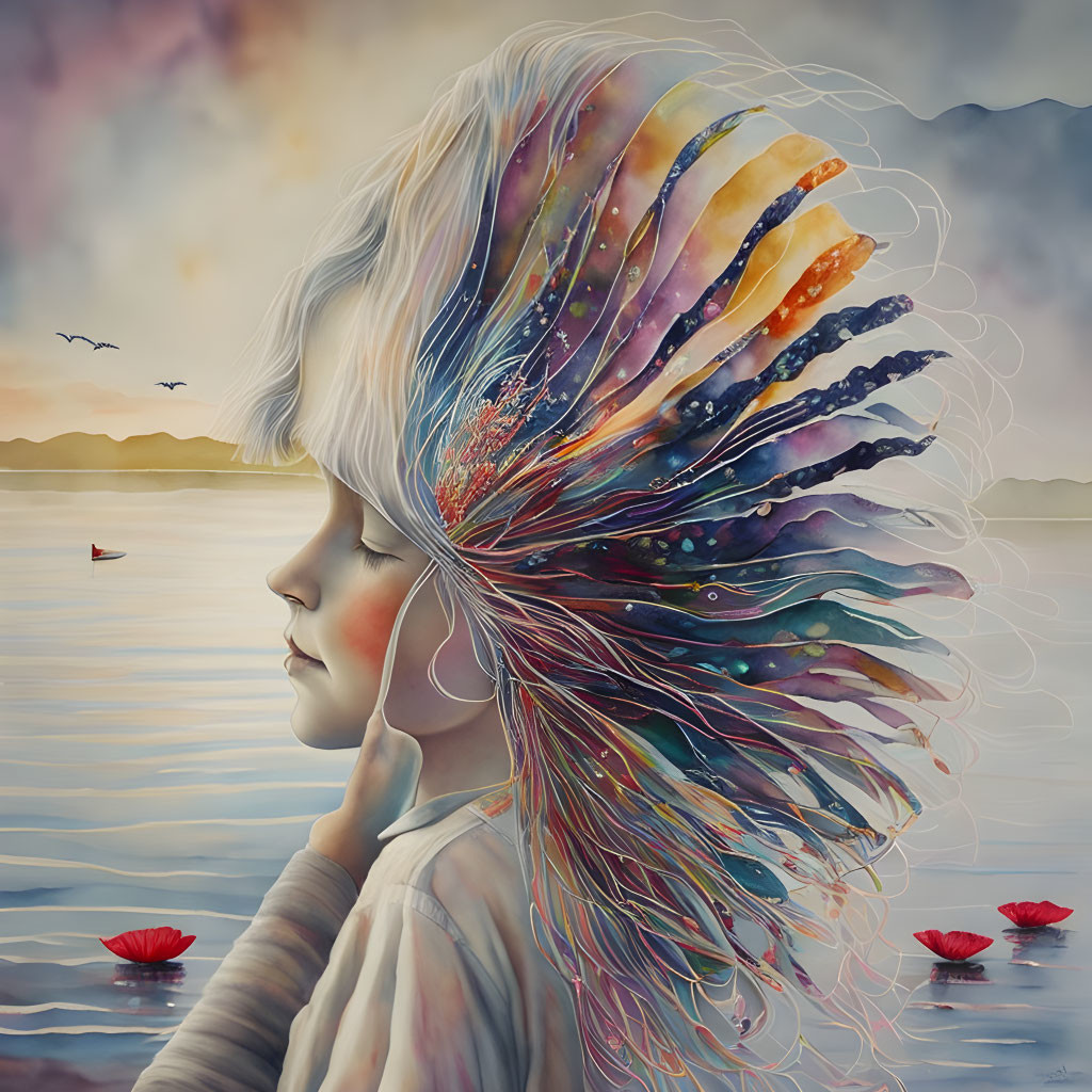 Colorful hair flowing by serene lake with mountains, birds, boat, and water lilies