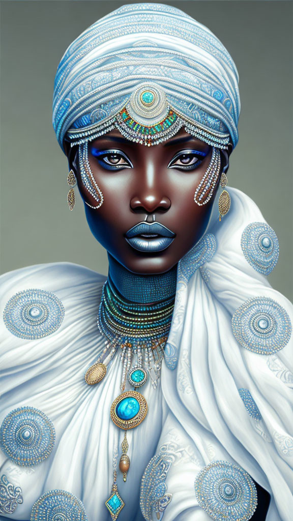 Detailed digital artwork of woman in blue headwrap and ornate jewelry.