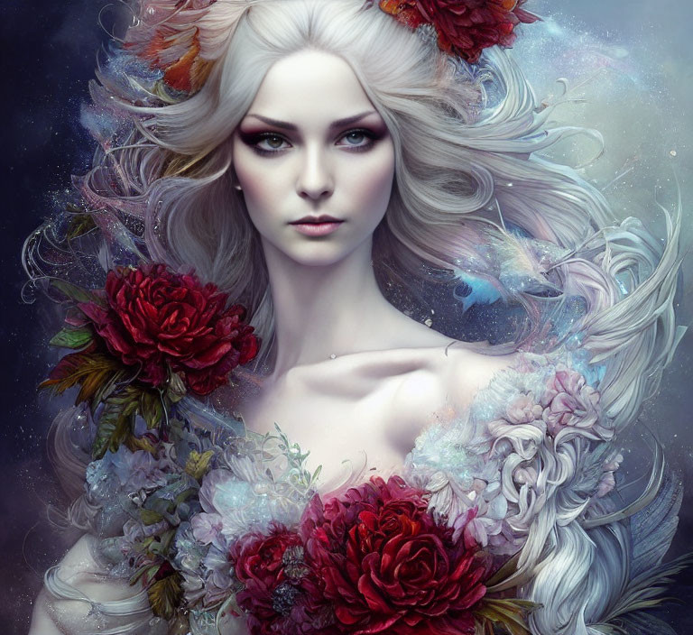 Pale-skinned woman with gray hair and red flowers in cosmic setting