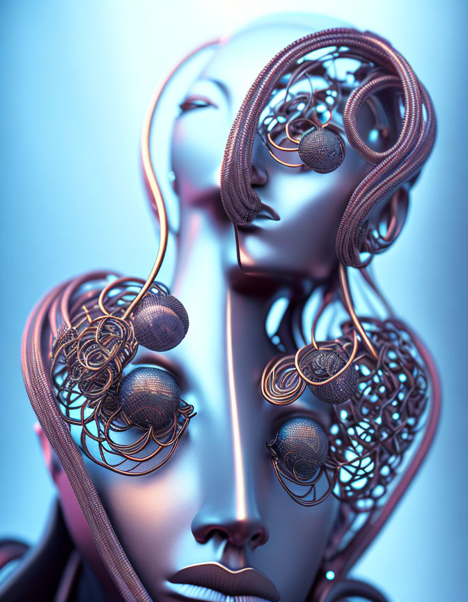 Symmetrical 3D-rendered portrait with metallic hair adornments on blue backdrop