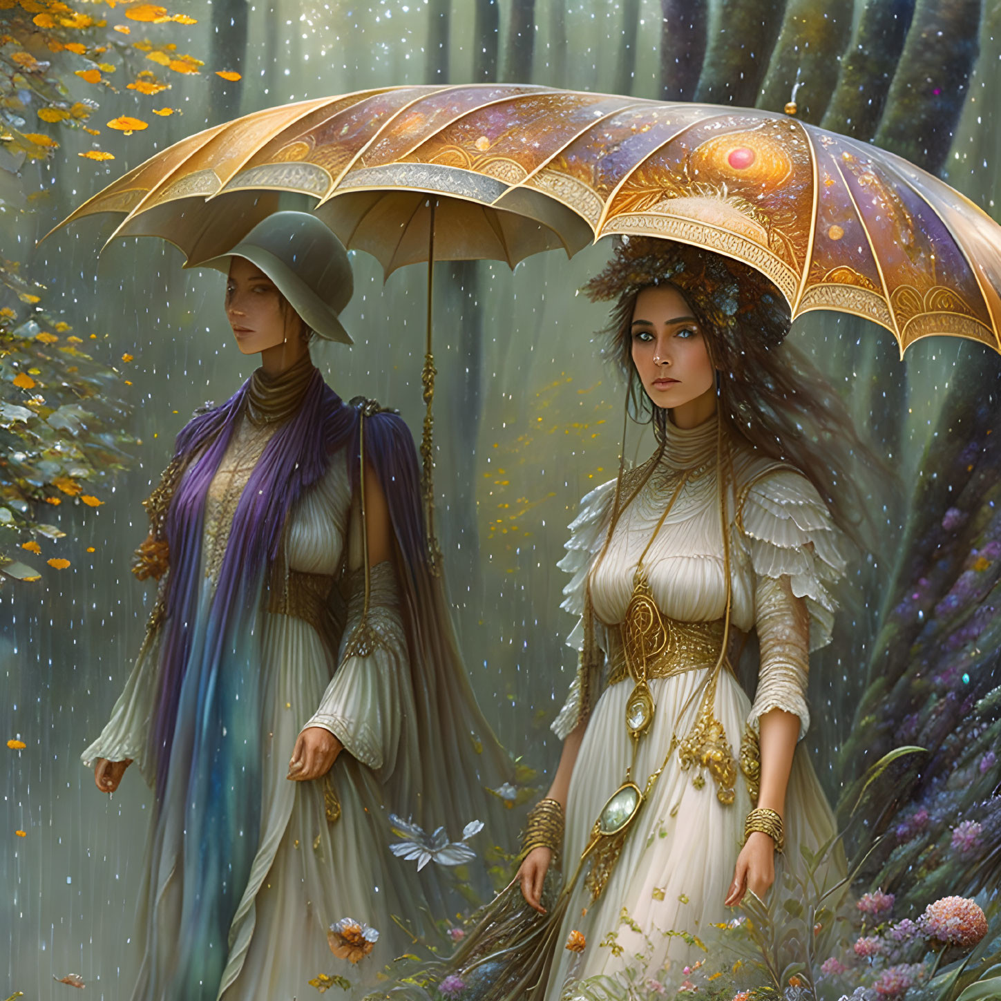 Two women in ornate dresses sharing an umbrella in mystical forest with falling leaves.