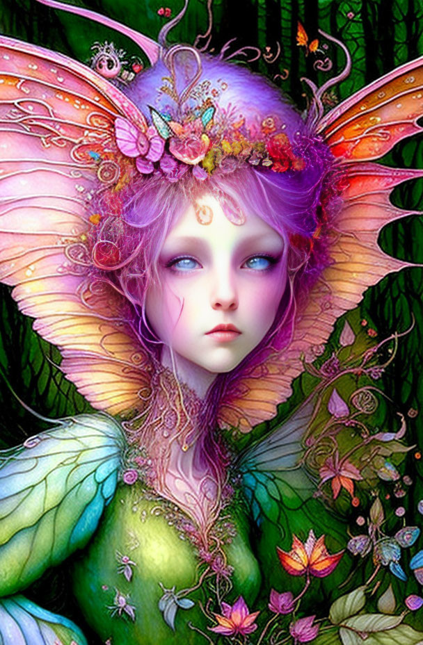 Colorful fairy illustration with butterfly wings, purple hair, and floral crown in lush green setting