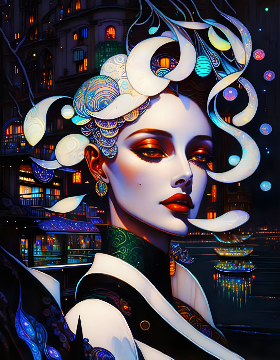 Stylized woman portrait with swirling white hair against city backdrop