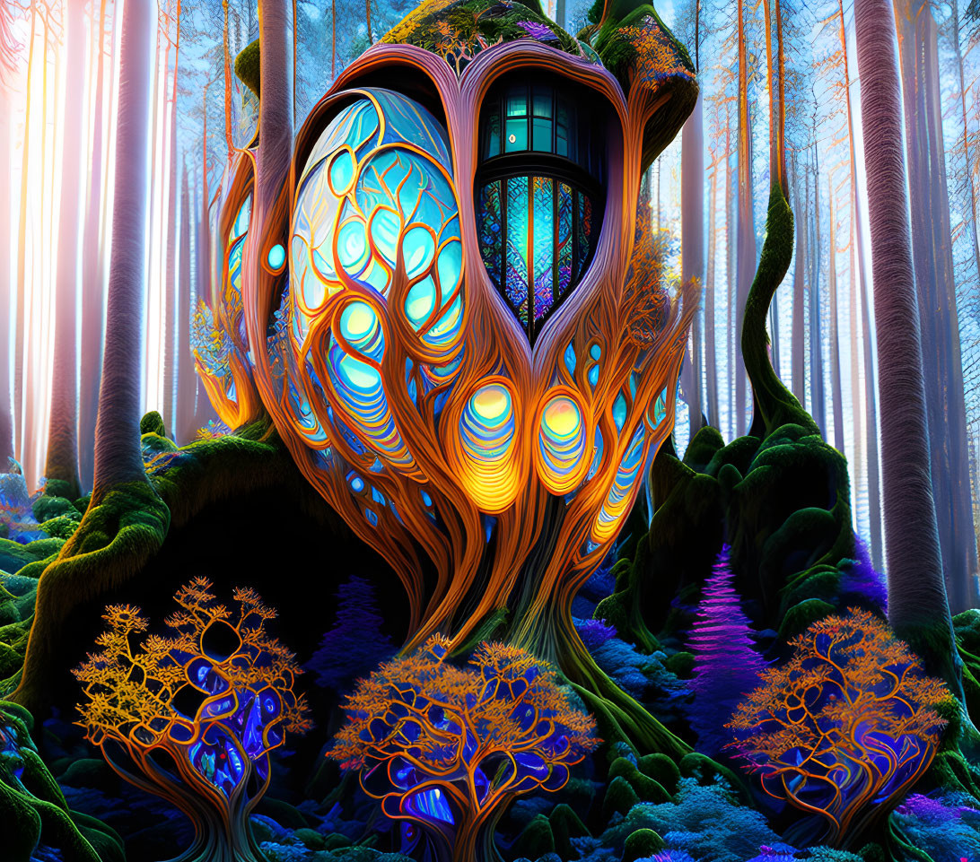 Colorful Treehouse Illustration in Enchanted Forest with Glowing Foliage