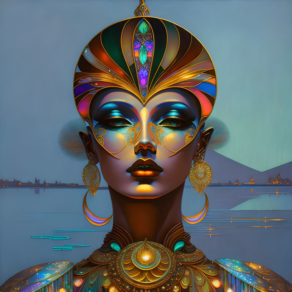 Female Figure with Golden Headdress and Blue Background